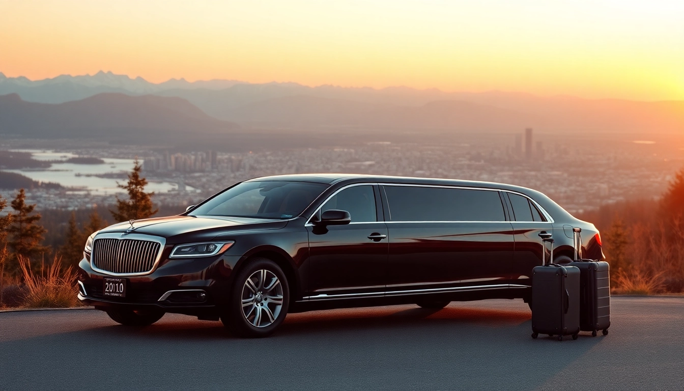 Elegant seattle to vancouver limo showcased at a scenic viewpoint with mountains and city skyline backdrop.