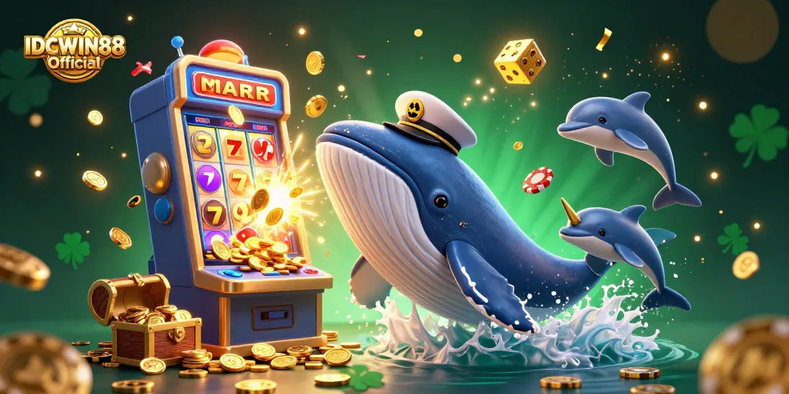 Experience the thrilling games of IDCWIN88 Official with this vibrant casino-themed illustration featuring playful sea creatures.