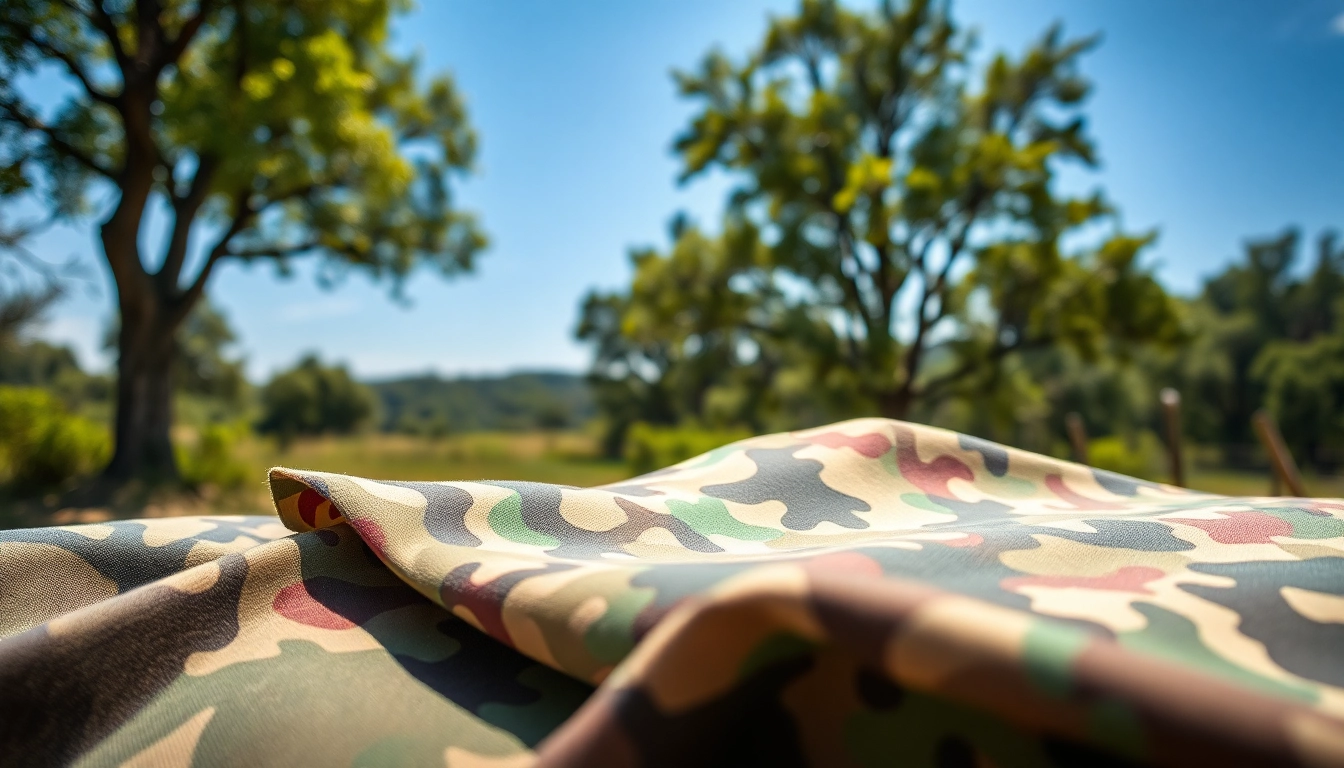 Vergelijking van verschillende camouflage stoffen met natuurlijke elementen op de achtergrond.