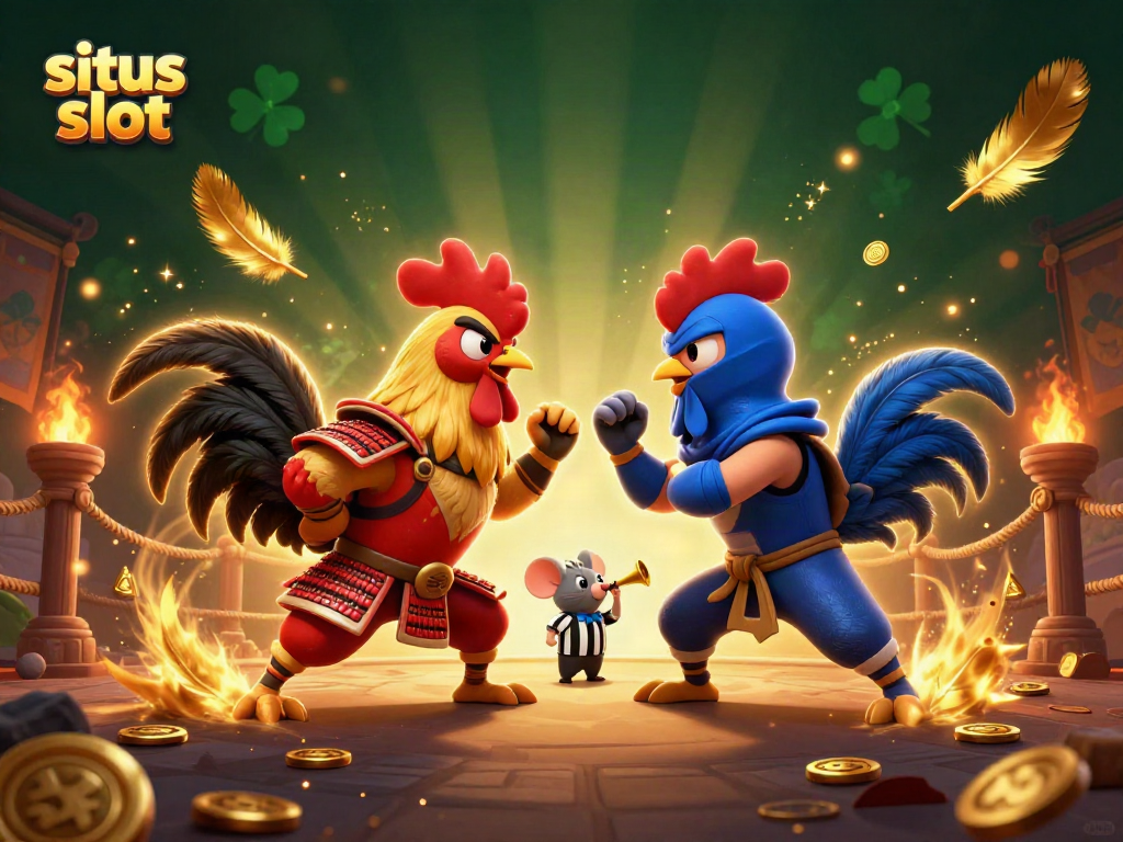 Engage with situs slot as roosters duel in a vibrant casino-themed 3D illustration.