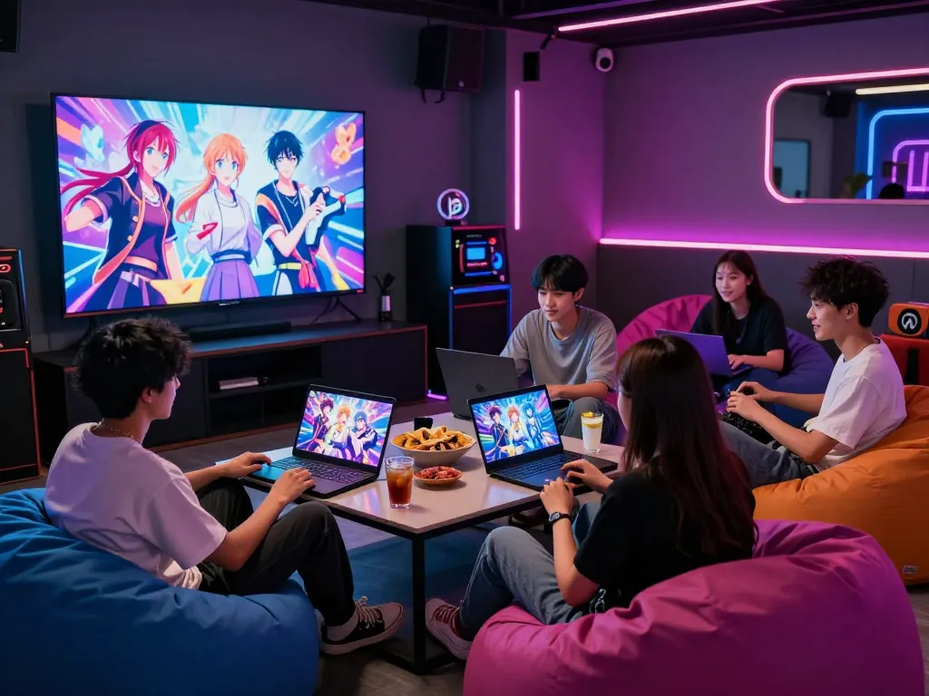 Exciting group enjoying free porn games in a vibrant gaming lounge.