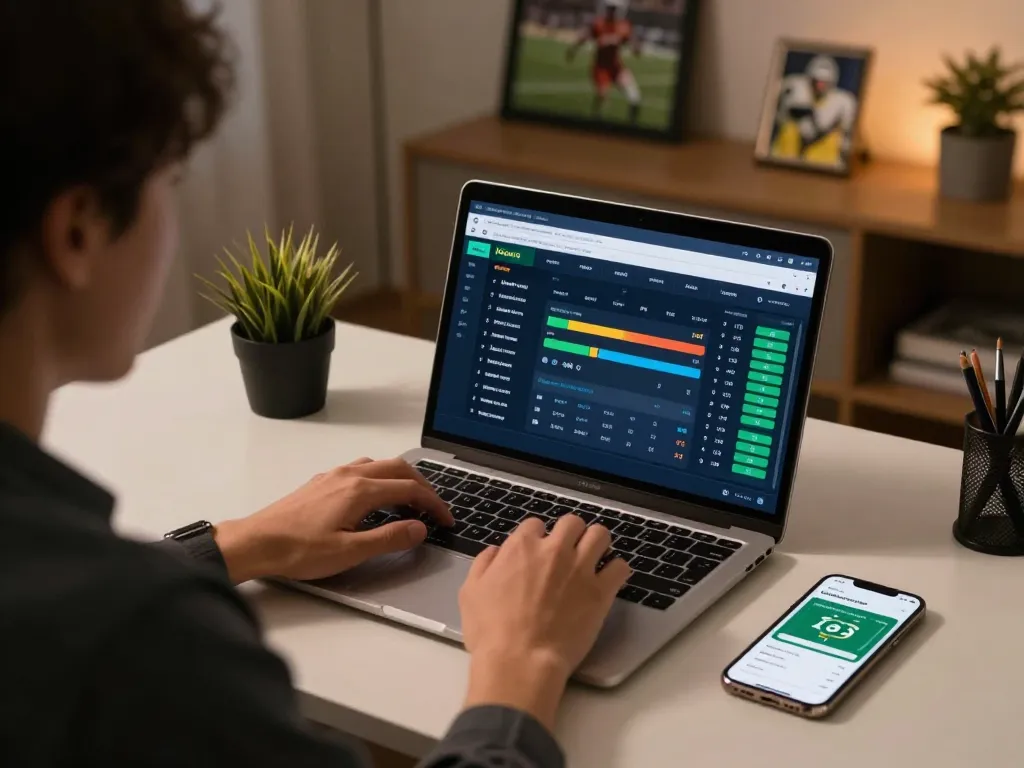 Kèo nhà cái interface displayed on laptop during online sports betting session at home, highlighting strategic decision-making