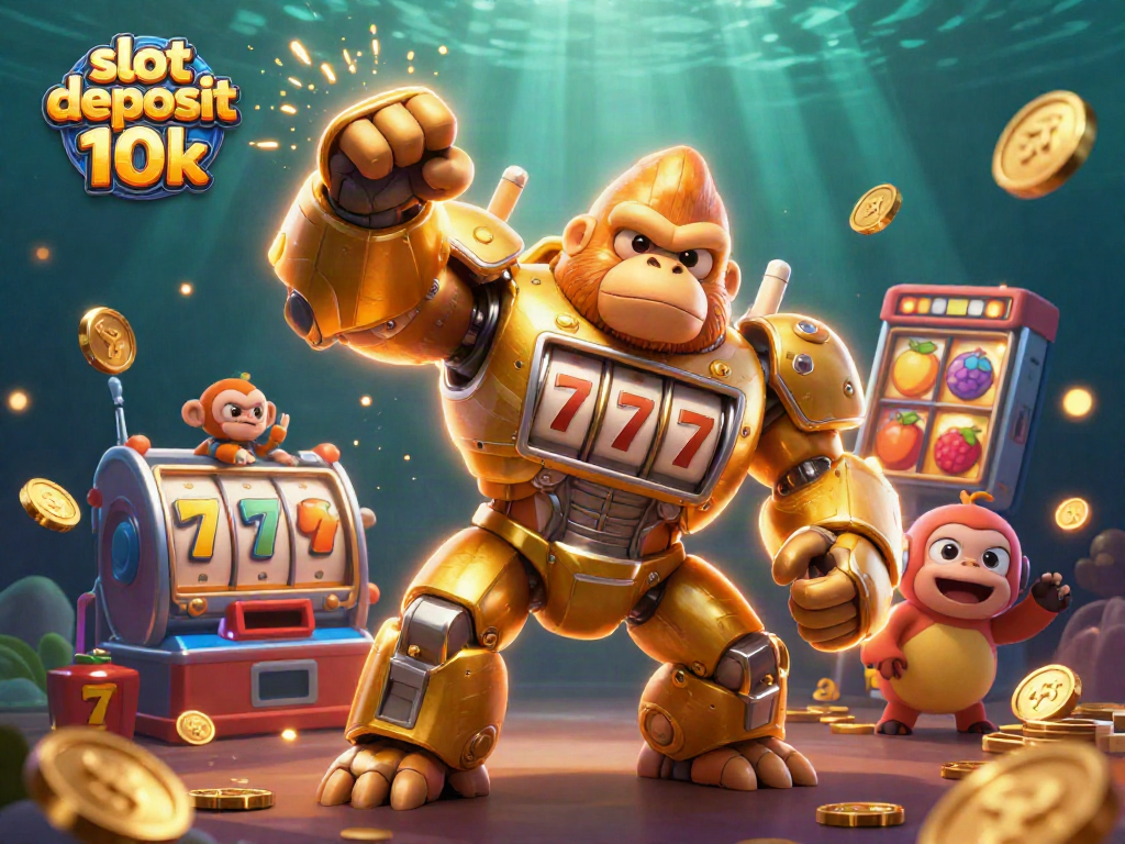 Play exciting slots with our slot deposit 10k feature, featuring a dynamic gorilla mech surrounded by casino elements.