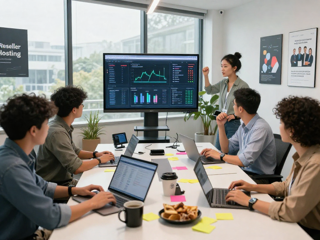 Reunión de equipo en oficina moderna sobre reseller hosting, mostrando colaboración y tecnología.
