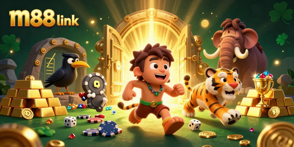 Experience m88 link in a vibrant prehistoric casino with a caveman, sabertooth tiger, and treasure.