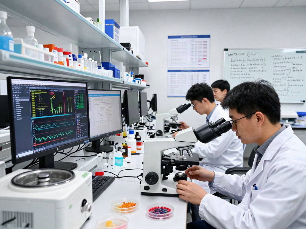 MOTS-C research in a collaborative lab environment with scientists analyzing metabolic data.