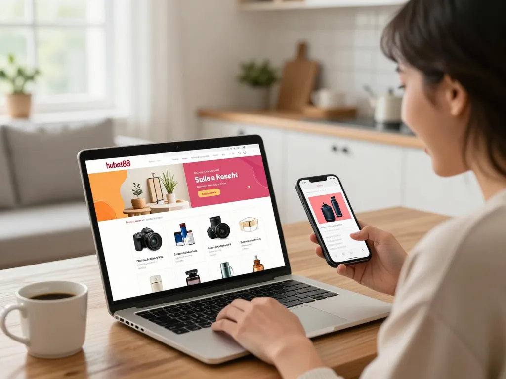 Engaging online shopping scene with hubet88 sale notifications in a cozy home setting