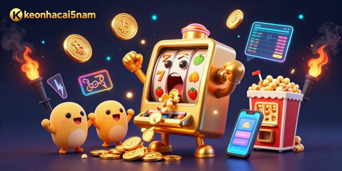 Spin to win at keonhacai5nam, a golden slot machine erupting coins with cheering baby slots nearby.