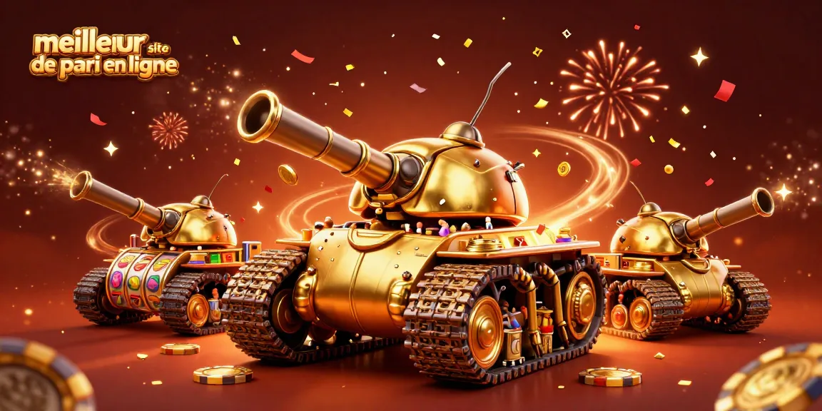 Visualisez le meilleur site de pari en ligne avec un tank-casino doré, des confettis dorés, et des rouleaux de machines à sous!