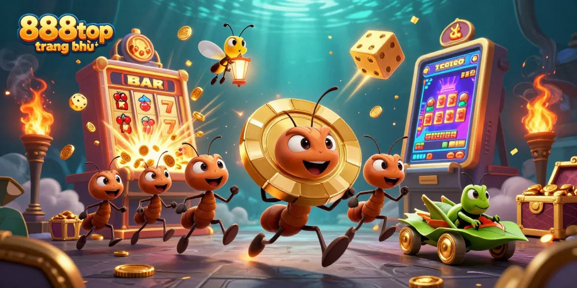 Experience excitement at 888top trang chủ with ants heisting a giant golden poker chip amidst casino-themed chaos.