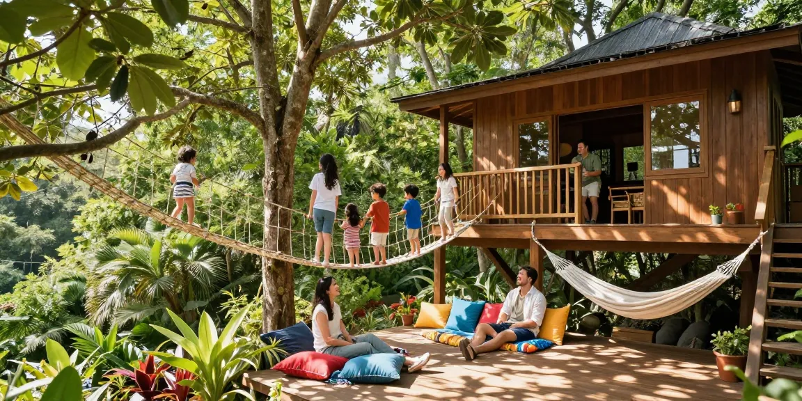 Family enjoying tree house life with a deck, rope bridge, and lush greenery.