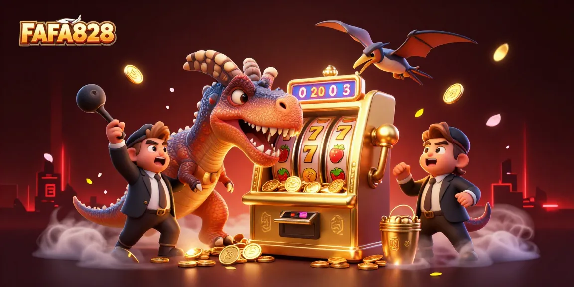 FAFA828 slot machine pays out jackpot coins as dinosaurs create a fun casino scene