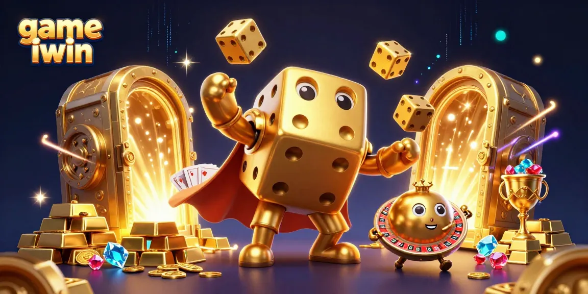 Engage with game iwin in this vibrant 3D illustration packed with casino elements and dynamic action.