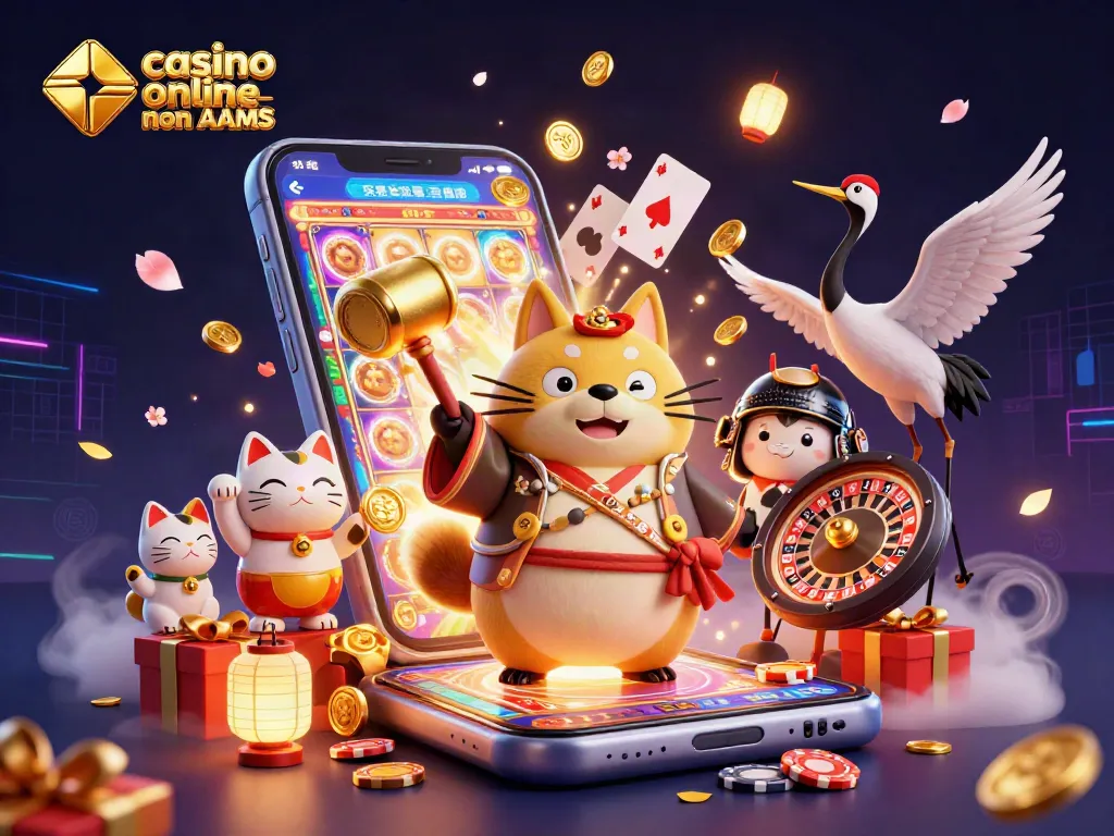 I casino online non AAMS offrono opportunità di gioco avvincenti e ricche di premi, illustrati da un tanuki festoso e gatti maneki-neko.