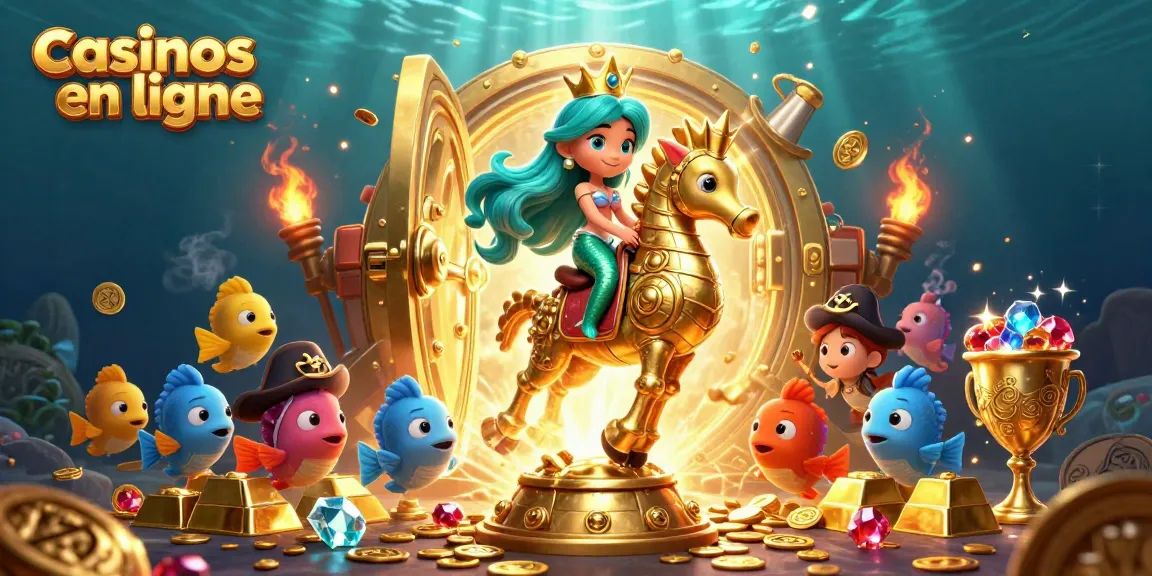 Illustration colorée représentant des casinos en ligne, une princesse sirène et un hippocampe en or.