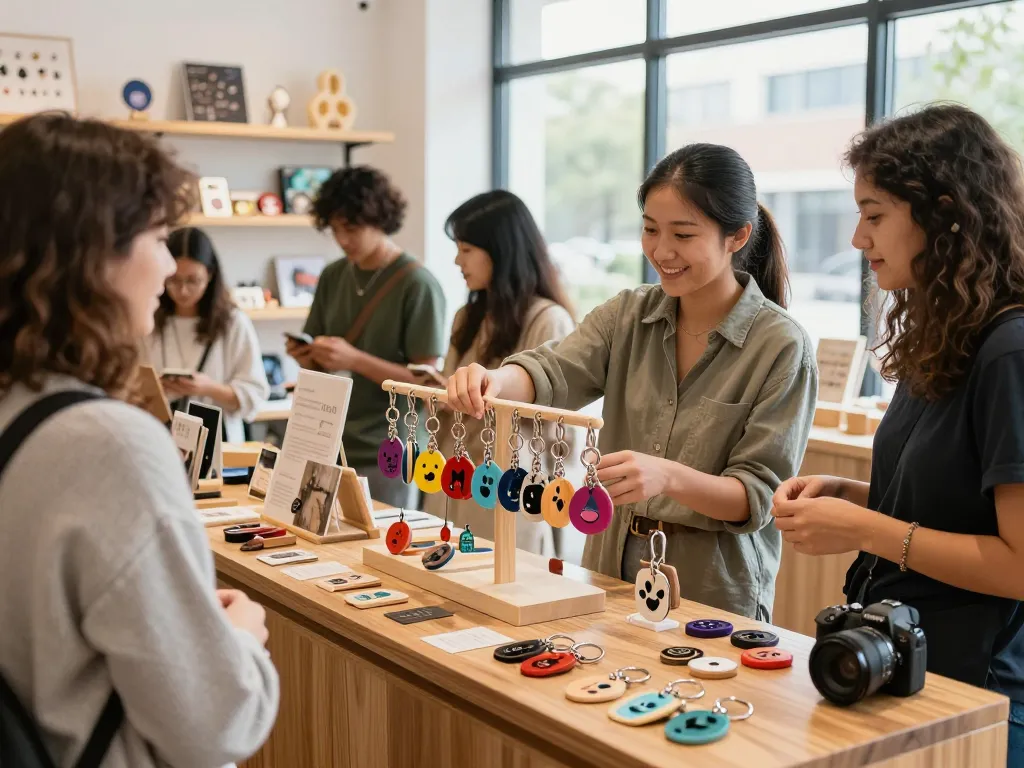 Customized keychains displayed attractively in an engaging e-commerce store with happy customers exploring unique designs.