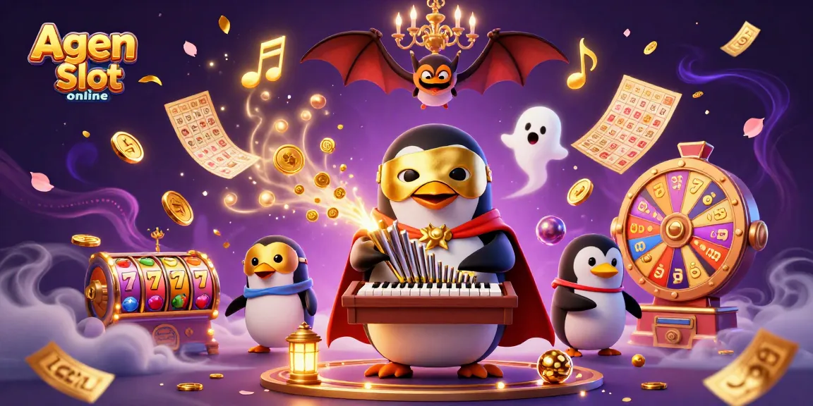 Experience vibrant gameplay with Agen Slot online, featuring an interactive penguin and golden themes.