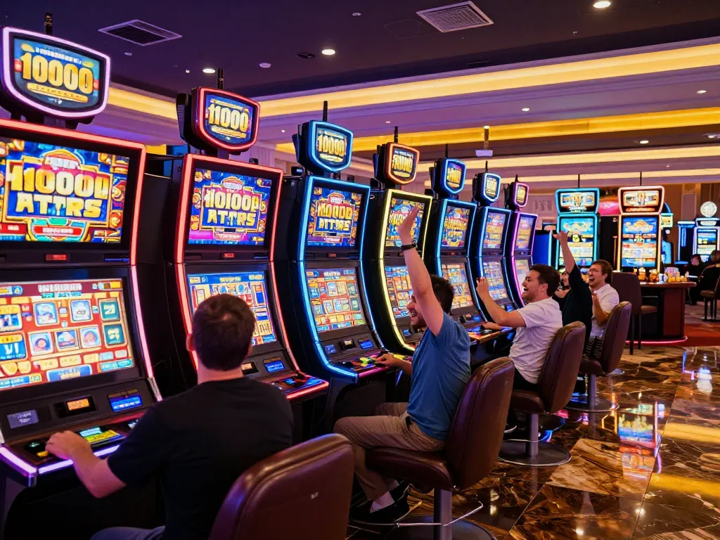 Players celebrating wins at colorful slot 10000 machines in a vibrant casino atmosphere
