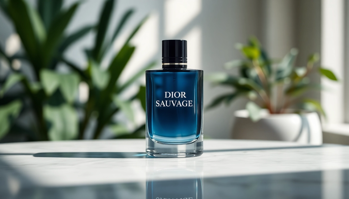 Showcase dior sauvage parfum in a sleek bottle against a refined backdrop, highlighting its elegance.