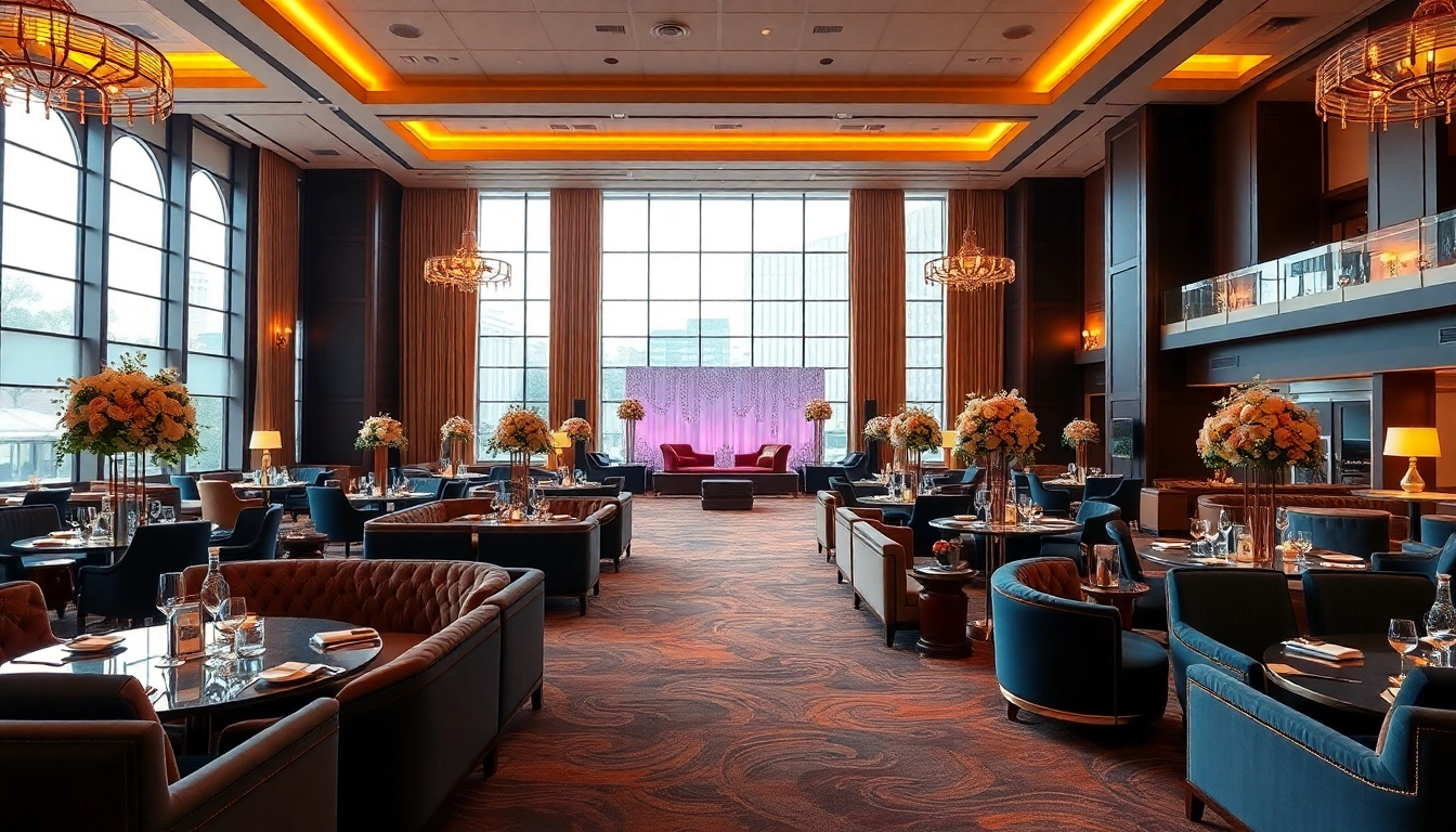 Almas event center mit eleganter Dekoration und großzügigen Sitzbereichen für Veranstaltungen.