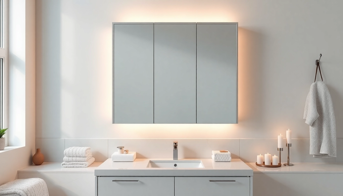 Stylish bathroom cabinet with mirror and light providing an elegant reflection in a modern setup.