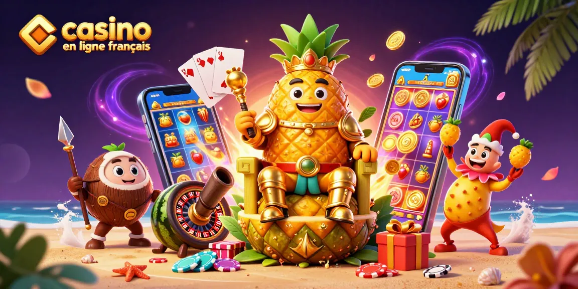 Découvrez le casino en ligne français avec un roi ananas amusant et des jeux dynamiques au bord de la plage.