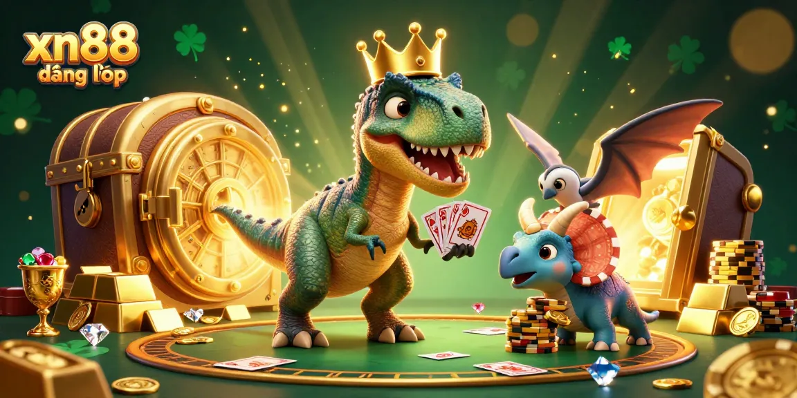 Experience xn88 đăng nhập adventure with a T-Rex, treasure, and casino action in this vibrant scene.