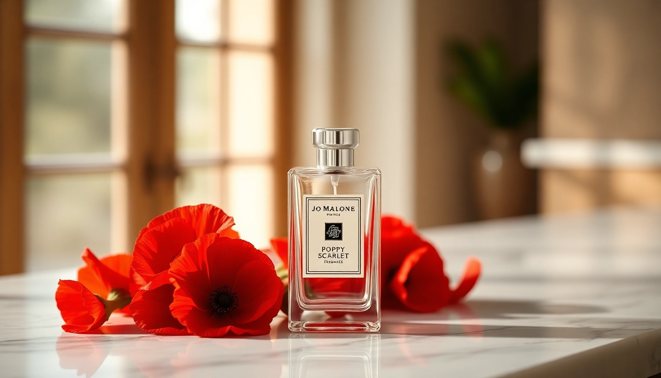 Showcase Jo malone Poppy scarlet fragrance with vibrant blooms and elegant design.