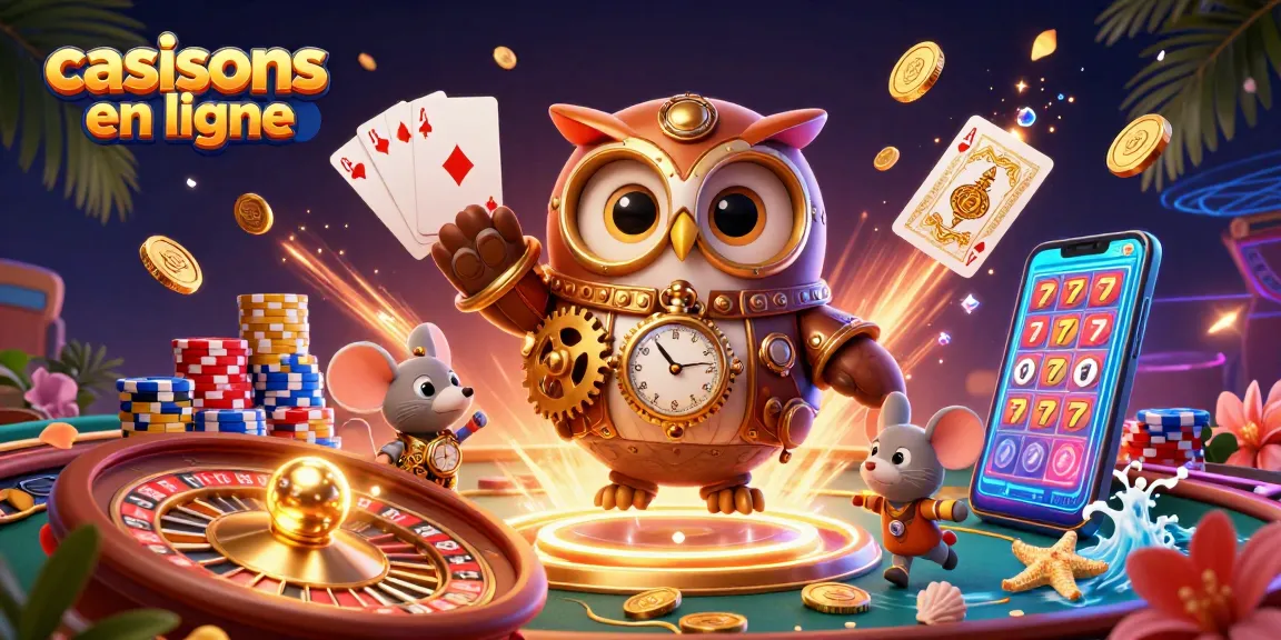 Illustration illustrant les casinos en ligne avec un hibou voyageur, des jetons de jeu et des éclats de lumière.