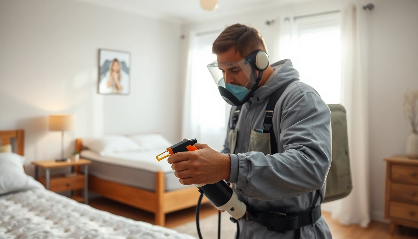 Experienced exterminator focusing on effective bed bug pest control in a clean bedroom setting.