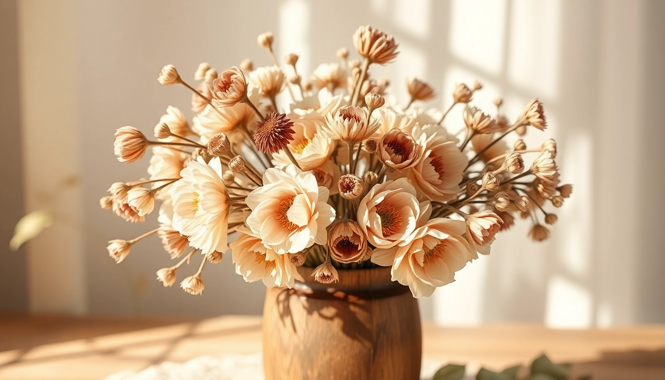 Showcase of dried blooms arranged beautifully in a rustic vase.