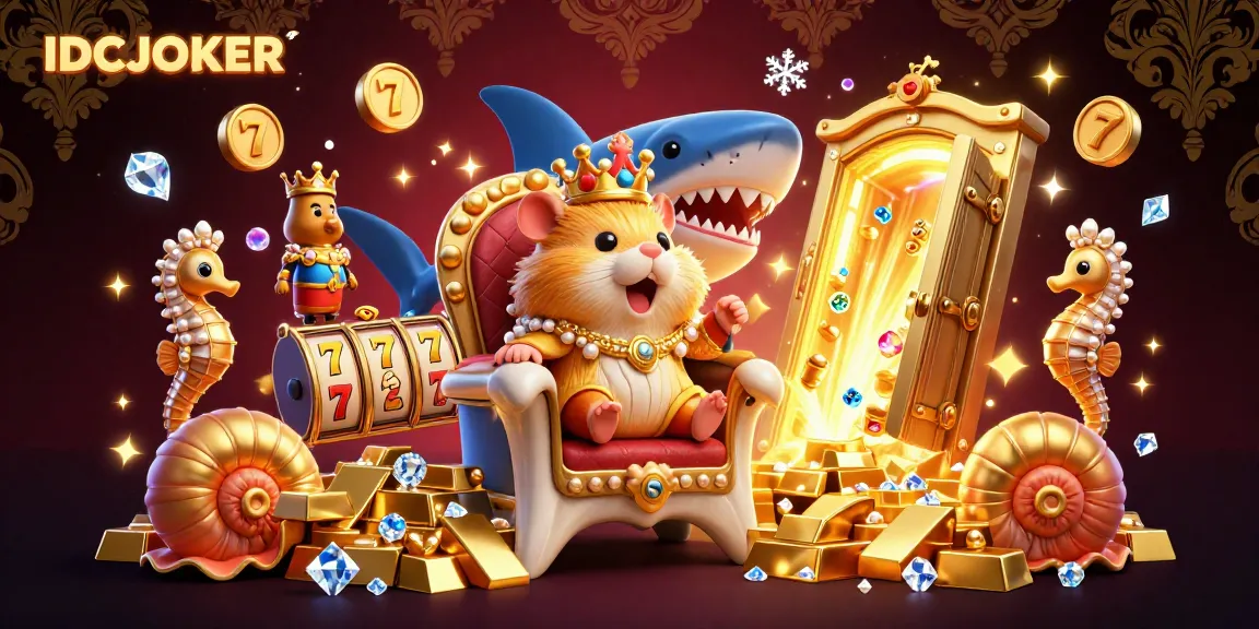 IDCJOKER engages players with a vibrant illustration of a golden hamster king amidst slot reels and treasure.