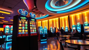 Mainkan agen toto terbaik slot di lingkungan permainan slot yang energik dengan lampu cerah.