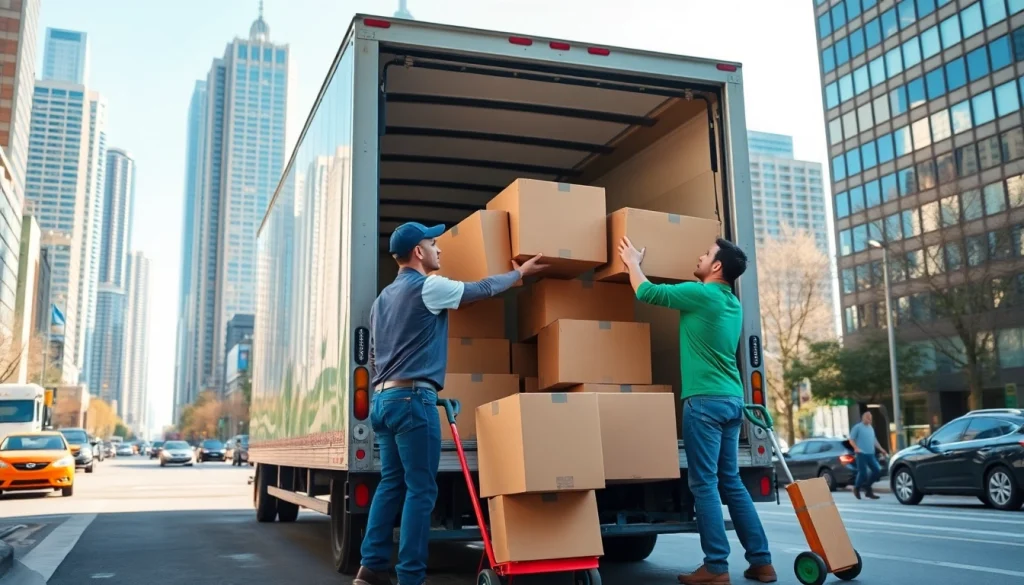 Efficient team moving boxes for a Toronto moving company in a vibrant cityscape.