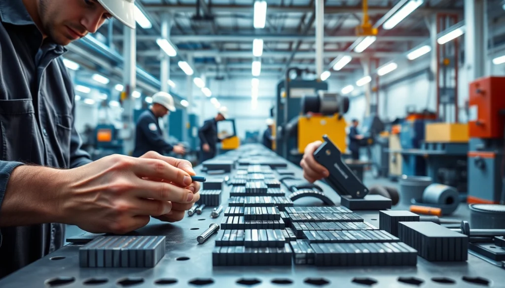 Highlighting a ferrite magnets manufacturer in China, showcasing workers assembling strong magnets.