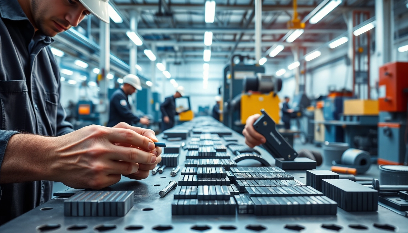 Highlighting a ferrite magnets manufacturer in China, showcasing workers assembling strong magnets.