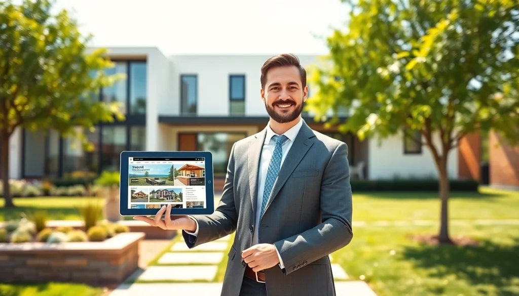 Real Estate agent showcasing a modern home for sale, inviting potential buyers.