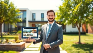 Real Estate agent showcasing a modern home for sale, inviting potential buyers.