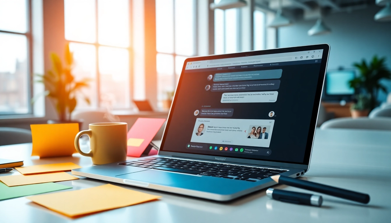 Showcase of a productive workspace promoting a chatgpt free alternative with a laptop and vibrant elements.