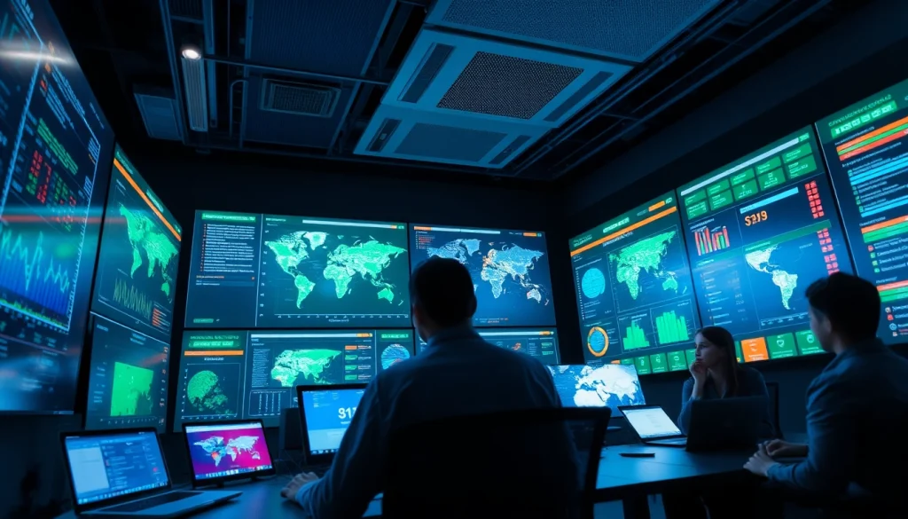 Cybersecurity Services Tampa showcasing a modern operations center with analysts and high-tech displays.