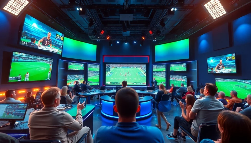 스포츠중계가 진행되는 현대적인 방송 스튜디오의 활기찬 장면입니다.