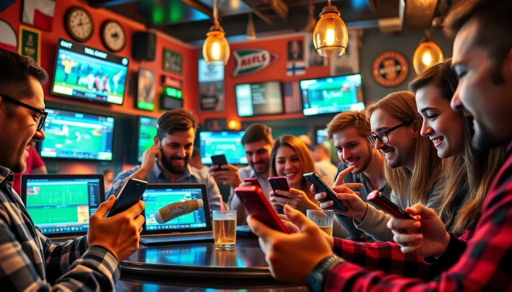 Engaging scene showcasing users interacting with best sports betting apps India in a lively setting.