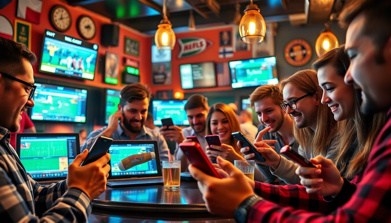 Engaging scene showcasing users interacting with best sports betting apps India in a lively setting.