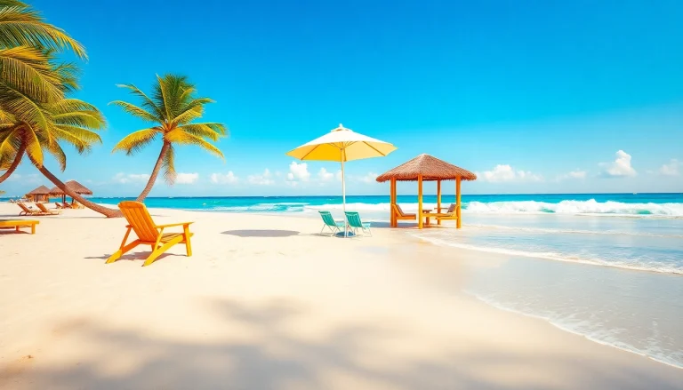 Enjoying the coastal cabana with beach chairs and palm trees under a sunny sky.