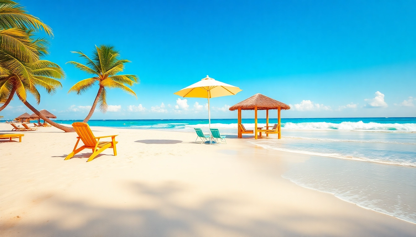 Enjoying the coastal cabana with beach chairs and palm trees under a sunny sky.