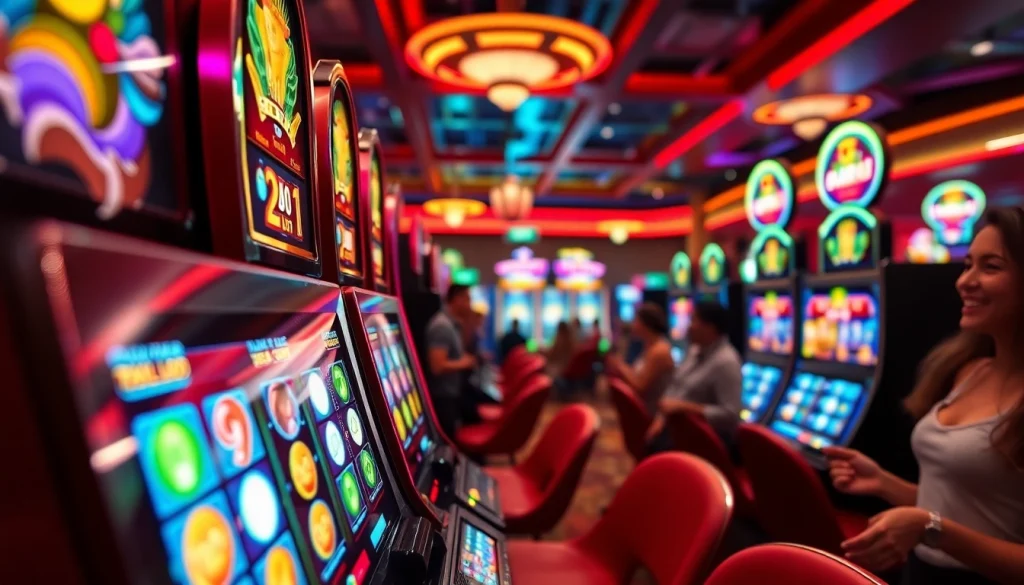 Menang di pakde4d slot penuh warna dan terang di kasino yang ramai.