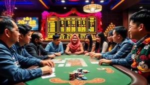 Bandar togel dengan pemain yang sedang antusias di meja permainan yang berwarna-warni.