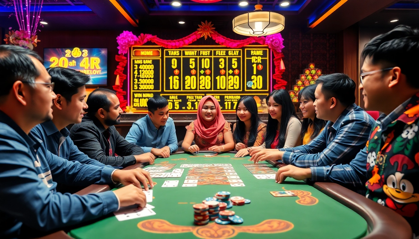 Bandar togel dengan pemain yang sedang antusias di meja permainan yang berwarna-warni.