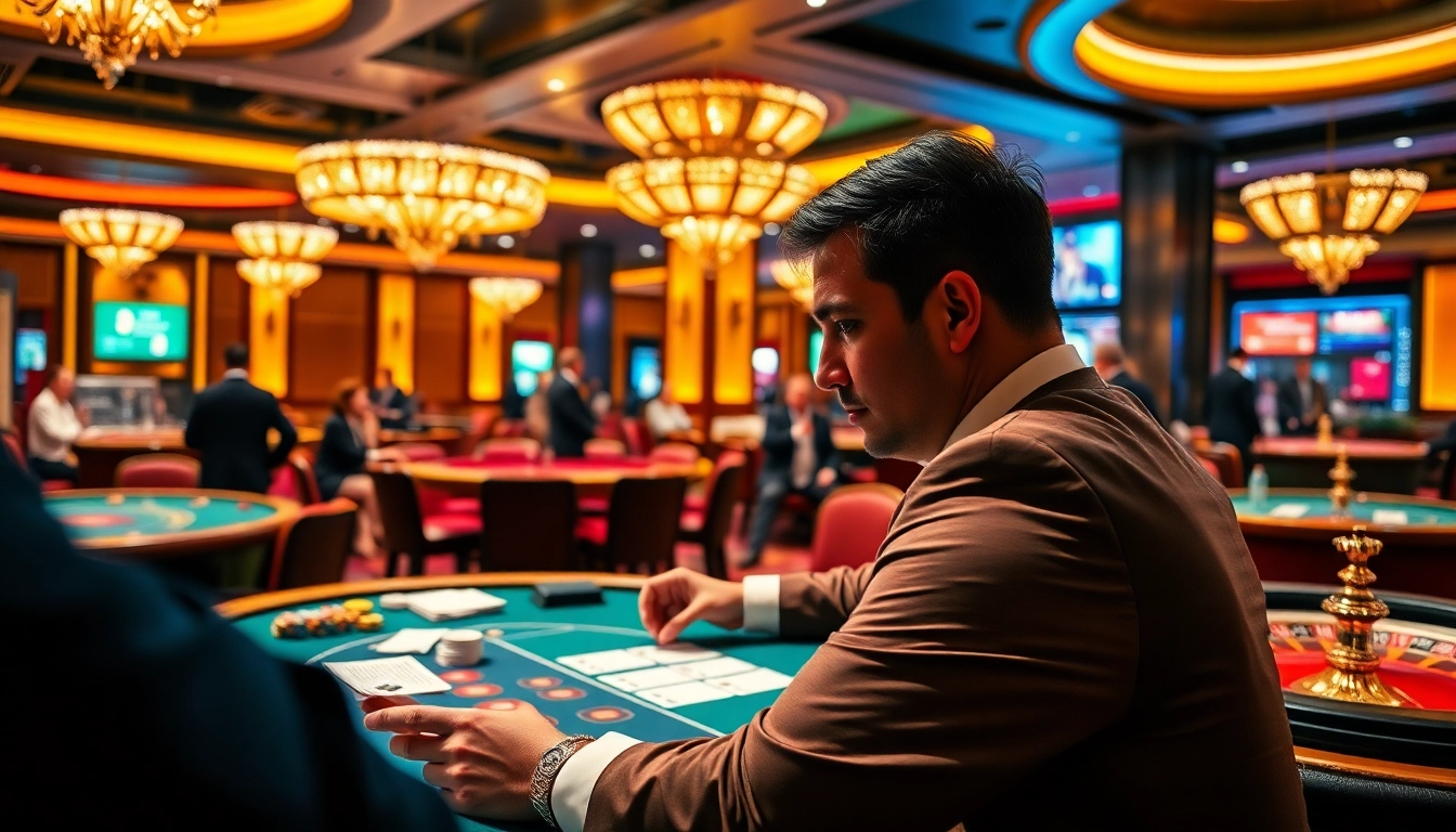 Experience the exhilarating atmosphere of https://jun88.buzz/ showcasing players betting at casino tables under sparkling lights.