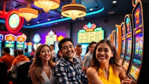 Menampilkan bandar togel resmi slot dalam suasana kasino yang ceria dan hidup.